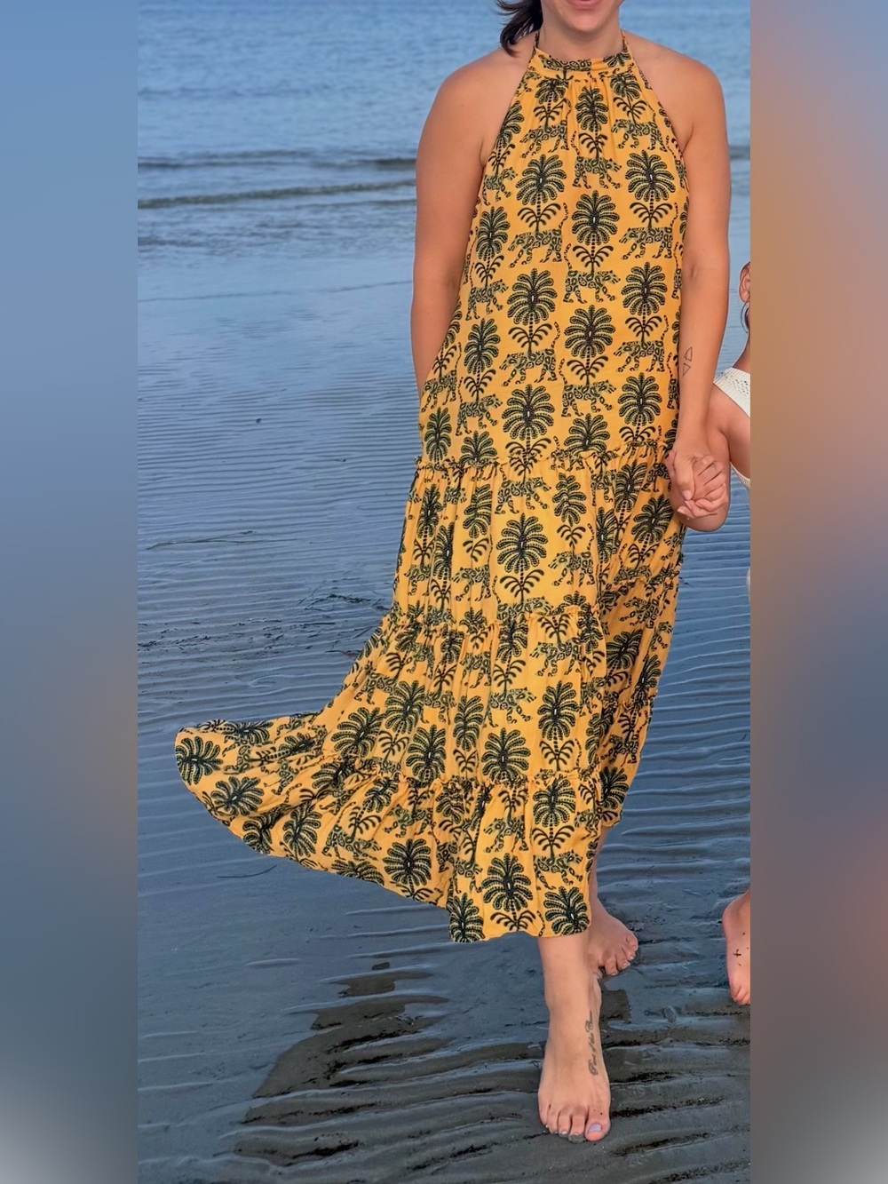 FARM Rio Yellow Palm-Print Backless Halter Maxi Dress